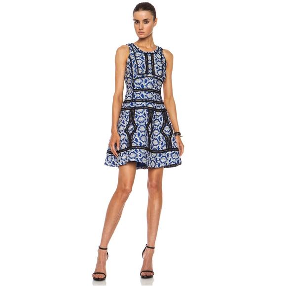Diane von Furstenberg Margot Flounce Fit Flare Blue Diamond Jacquard Dress 12 - Picture 3 of 16